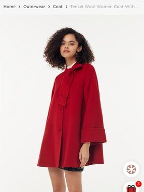 Red Women’s Wool Swing Coat with Bow Tie